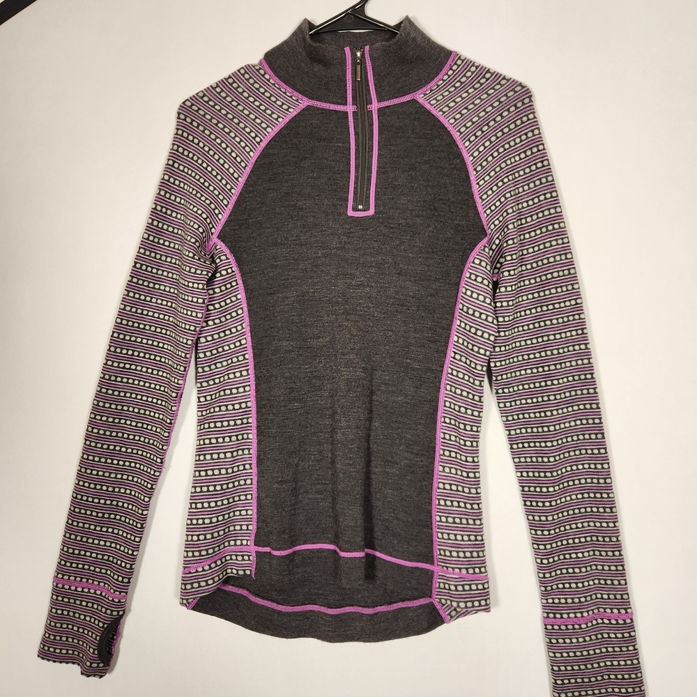 Dakini 100% Merino Wool Quarter Zip Charcoal Gray Geometric Sweater Medium